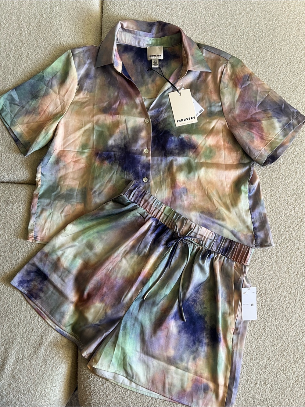 INDUSTRY+ Tie-Dye Pastel Button-Down Pajama Set in Multicolor
